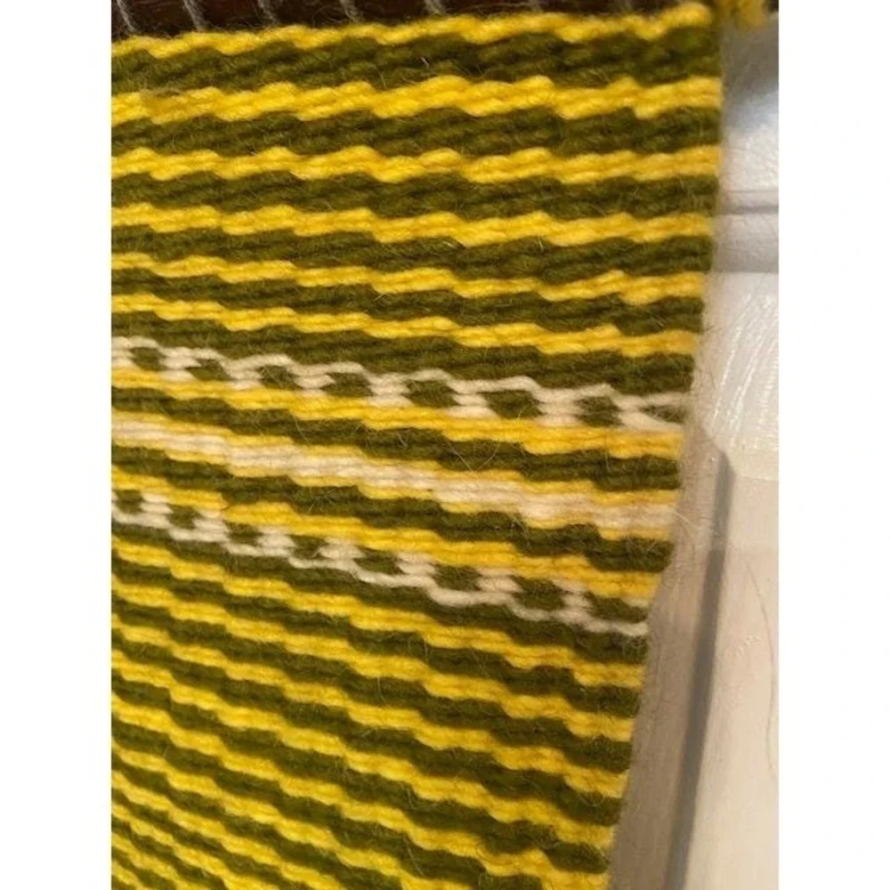 Vintage Hand Woven Wool Wall Hanging Striped Yellow Green Boho MidCentury Modern
